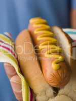Hot Dog with Mustard in a Napkin