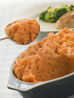 Dish of Sweet Potato Mash with a spoon