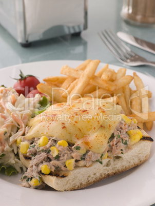 Open Tuna and Sweet corn Melt with Coleslaw and Fries