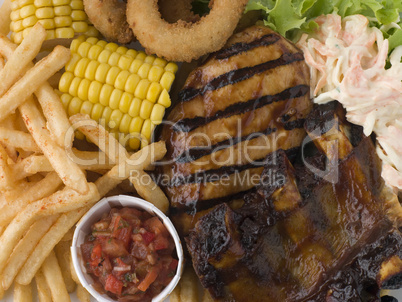 Barbeque Chicken and Ribs with Fries Slaw and Salsa