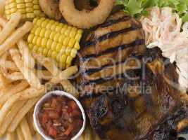 Barbeque Chicken and Ribs with Fries Slaw and Salsa