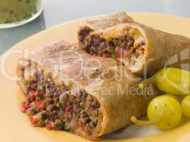 Chimichanga with Pickled Chillies and Guacamole