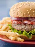 Beef Burger in a Sesame Seed Bun with Fries