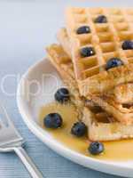 Waffles with Caramel Syrup and Blueberries