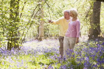 Couple walking outdoors pointing and smiling