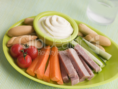 Ham Vegetable and Bread Sticks with Cheese Spread
