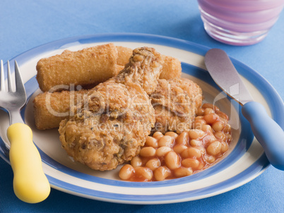 Southern Fried Chicken with Croquette Potatoes and Baked Beans