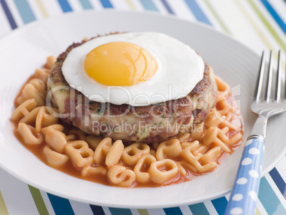 Corned Beef Hash Cake with Alphabet Pasta and a Fried Egg