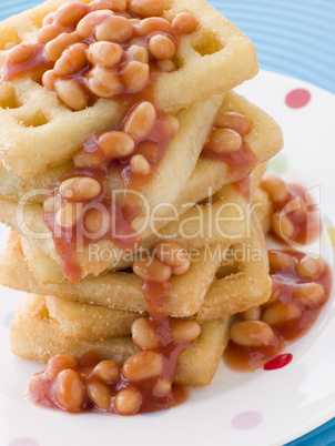 Stack of Potato Waffles with Baked Beans