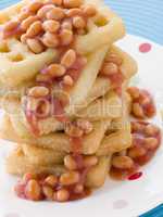 Stack of Potato Waffles with Baked Beans