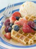 Sweet Waffles with Berries Ice Cream and Syrup