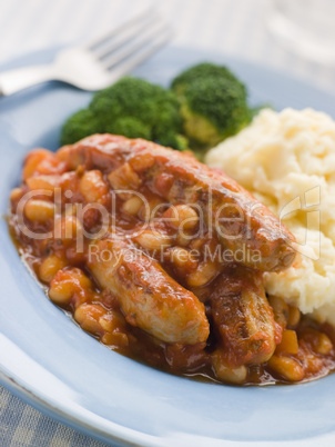 Sausage and Baked Bean Casserole with Mashed Potato and Broccoli