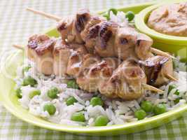 Chicken Satay Sticks with Peanut Butter Sauce and Fried Rice