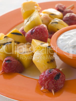 Caramelised Fruit Brochette with Honey Creme Fraiche