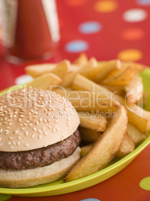 Beefburger in a Sesame Seed Bun with Chunky Chips