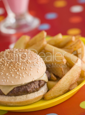 Cheeseburger in a Sesame Seed Bun with Chunky Chips