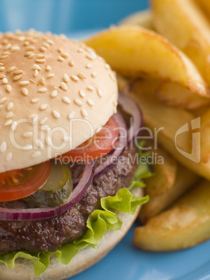 Beefburger with Salad and Pickles in a Sesame Seed Bun with Chip