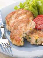 Cod and Salmon Fish Cakes with Corn and Salad