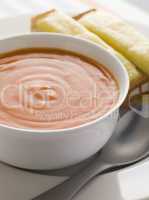 Bowl of Tomato Soup with Cheesy Toasted Soldiers
