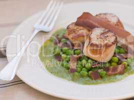 Pan Fried Scallops with Peas and Bacon