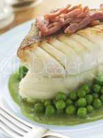 Roasted Cod Fillet with Mash Potato Peas and bacon