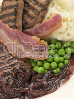 Grilled Calves Liver and Bacon with Mashed Potato and Peas