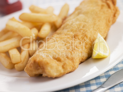 Fish and Chips with Lemon and Tomato Ketchup