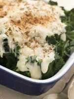 Curly Kale with Cheese Sauce Caraway Seeds and Breadcrumbs