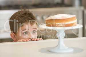 Young boy in kitchen looking at cake on counter