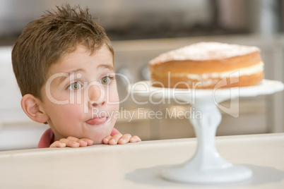 Young boy in kitchen looking at cake on counter