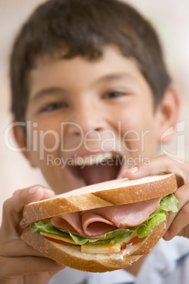 Young boy eating sandwich smiling