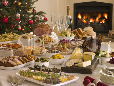 Boxing Day Buffet Lunch Christmas Tree and Log Fire