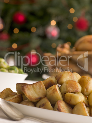 Dish of Roast Potatoes Roast Turkey and Brussel Sprouts