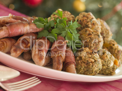 Plate of Pigs in Blankets and Chestnut Stuffing Balls