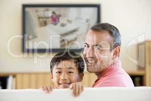 Man and young boy in living room with flat screen television smi