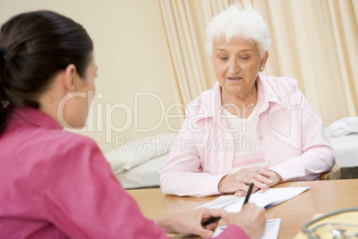 Woman in doctor's office frowning