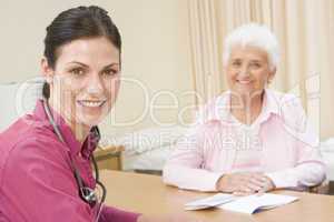 Woman in doctor's office smiling