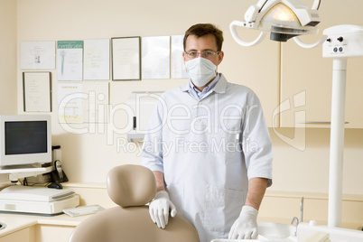 Dentist in exam room with mask on