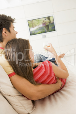 Couple in living room watching television and drinking white win