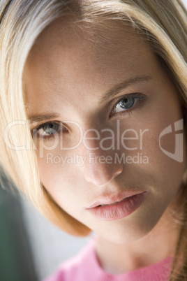 Head shot of woman thinking