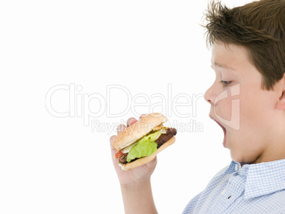 Young boy eating cheeseburger