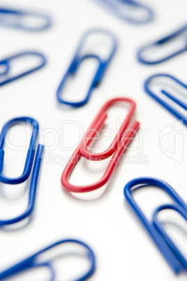 Studio Shot Of One Red Paperclip Amid Blue Paperclips