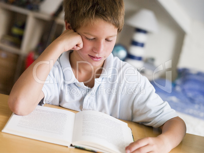 Young Boy Reading A Book In His Room