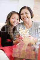 Grandmother And Granddaughter Sitting On Sofa Holding A Christma
