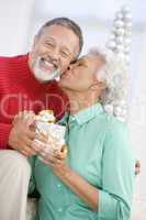 Senior Couple Exchanging A Christmas Gift