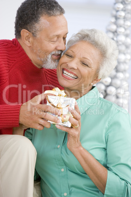 Senior Couple Exchanging A Christmas Gift