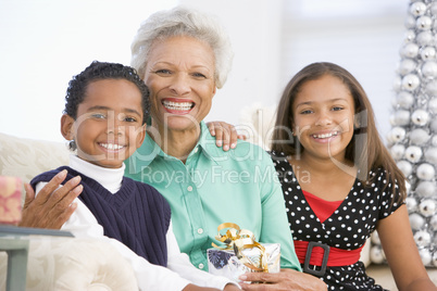 Grandmother Sitting With Her Two Grandchildren,Holding A Christm