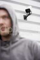 Surveillance Camera And Young Man In Hooded Sweatshirt