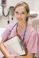 Young Female Doctor In Scrubs,Holding A Clipboard