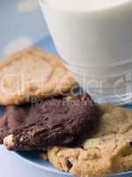 Three Cookies On A Plate With A Glass Of Milk